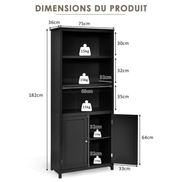 Bibliothèque avec Étagères Réglables de Rangement et Placard 2 Portes à 2 Niveaux pour Salon/Bureau 74,5 x 35,5 x 181,5cm Noir