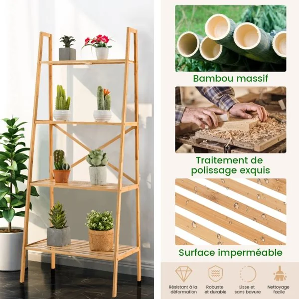 Bibliothèque en Bambou à 4 Niveaux avec Dispositif Anti-basculement Étagère Échelle avec Patins Antidérapants Naturel