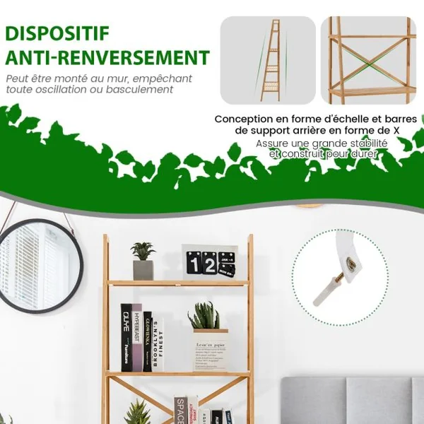 Bibliothèque en Bambou à 4 Niveaux avec Dispositif Anti-basculement Étagère Échelle avec Patins Antidérapants Naturel