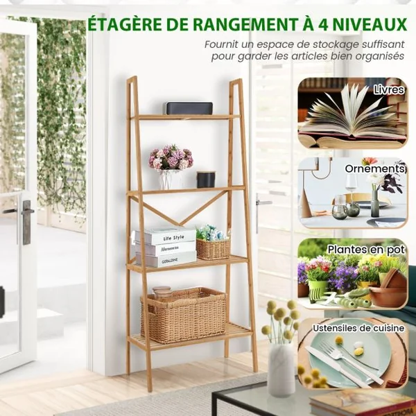 Bibliothèque en Bambou à 4 Niveaux avec Dispositif Anti-basculement Étagère Échelle avec Patins Antidérapants Naturel