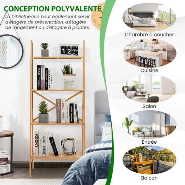 Bibliothèque en Bambou à 4 Niveaux avec Dispositif Anti-basculement Étagère Échelle avec Patins Antidérapants Naturel