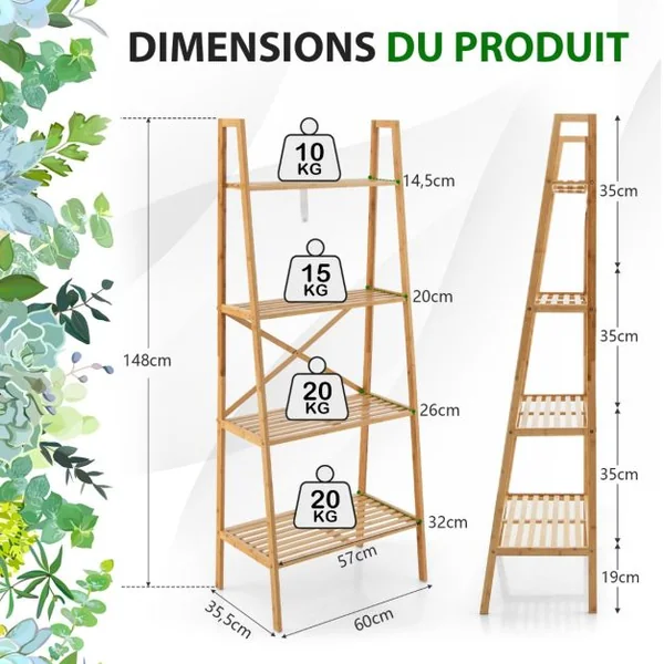 Bibliothèque en Bambou à 4 Niveaux avec Dispositif Anti-basculement Étagère Échelle avec Patins Antidérapants Naturel