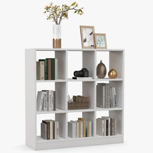 Bibliothèque en Cube avec Dispositif Anti-basculement, Étagère à Livres avec 9 Compartiments pour Salon et Bureau Blanc