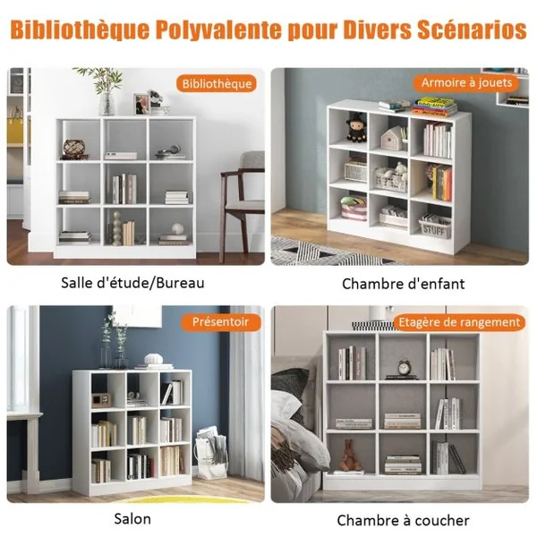 Bibliothèque en Cube avec Dispositif Anti-basculement, Étagère à Livres avec 9 Compartiments pour Salon et Bureau Blanc