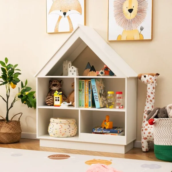 Bibliothèque en Forme de Maison pour Enfants Meuble de Rangement de Jouet en Bois à 5 Compartiments Kit Anti-basculement Rose