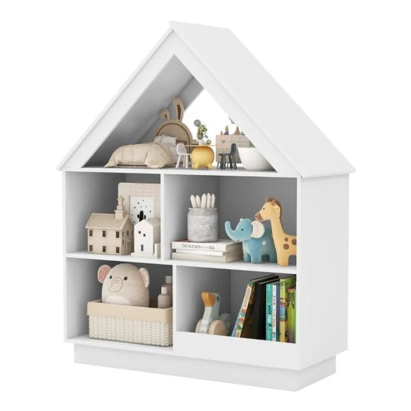 Bibliothèque en Forme de Maison pour Enfants Meuble de Rangement de Jouet en Bois à 5 Compartiments Kit Anti-basculement Rose