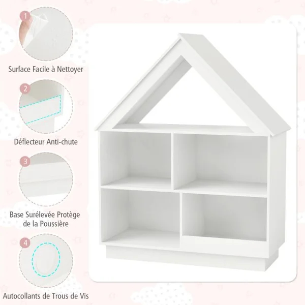 Bibliothèque en Forme de Maison pour Enfants Meuble de Rangement de Jouet en Bois à 5 Compartiments Kit Anti-basculement Rose