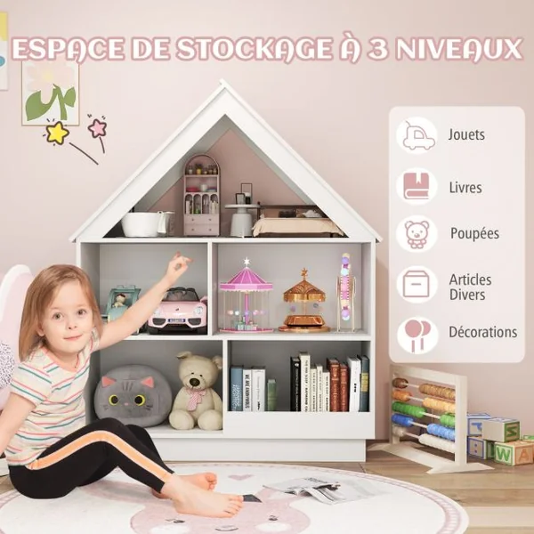 Bibliothèque en Forme de Maison pour Enfants Meuble de Rangement de Jouet en Bois à 5 Compartiments Kit Anti-basculement Rose