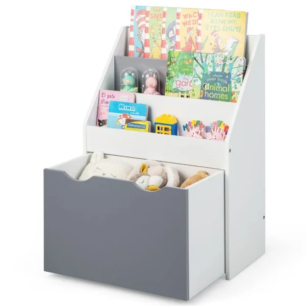Bibliothèque Enfant avec Boîte à Jouets Roulant et Dispositif Anti-Renversement Étagère de Rangement pour Jouets et Livres Gris