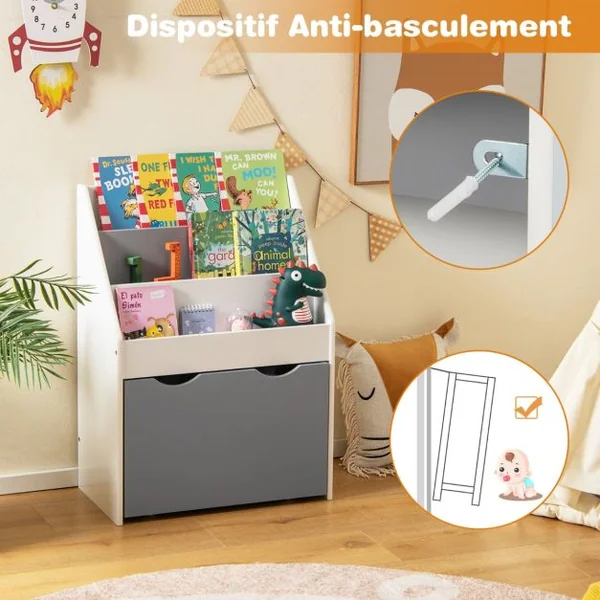 Bibliothèque Enfant avec Boîte à Jouets Roulant et Dispositif Anti-Renversement Étagère de Rangement pour Jouets et Livres Gris