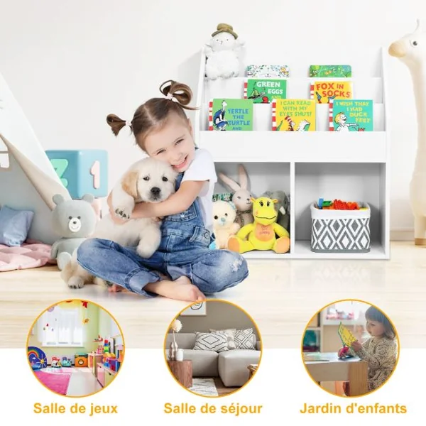 Bibliothèque Enfants en Bois 3 Compartiments et 2 Cubes Ouverts Rangement Jouets 70 x 30 x 80 CM Blanc