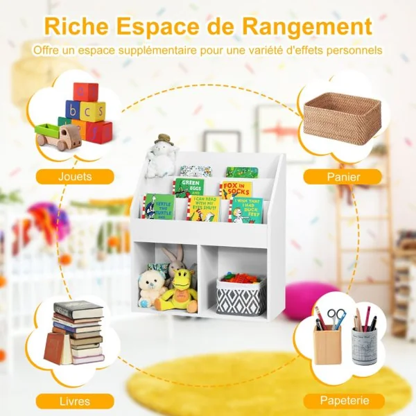 Bibliothèque Enfants en Bois 3 Compartiments et 2 Cubes Ouverts Rangement Jouets 70 x 30 x 80 CM Blanc