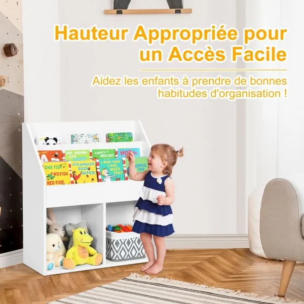 Bibliothèque Enfants en Bois 3 Compartiments et 2 Cubes Ouverts Rangement Jouets 70 x 30 x 80 CM Blanc