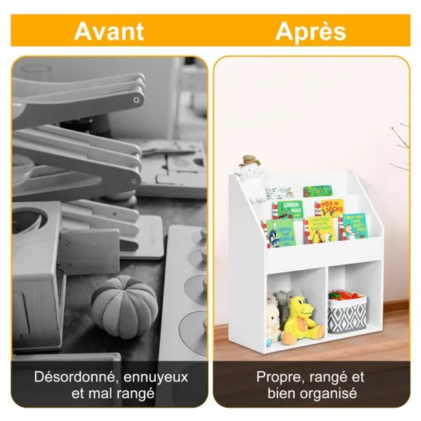 Bibliothèque Enfants en Bois 3 Compartiments et 2 Cubes Ouverts Rangement Jouets 70 x 30 x 80 CM Blanc