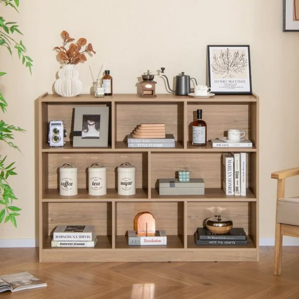 Bibliothèque Enfants à 3 Niveaux avec 8 Cases Étagère à Livres Enfant avec Espace de Rangement Charge 60kg 122 x 32 x 93 CM Naturel