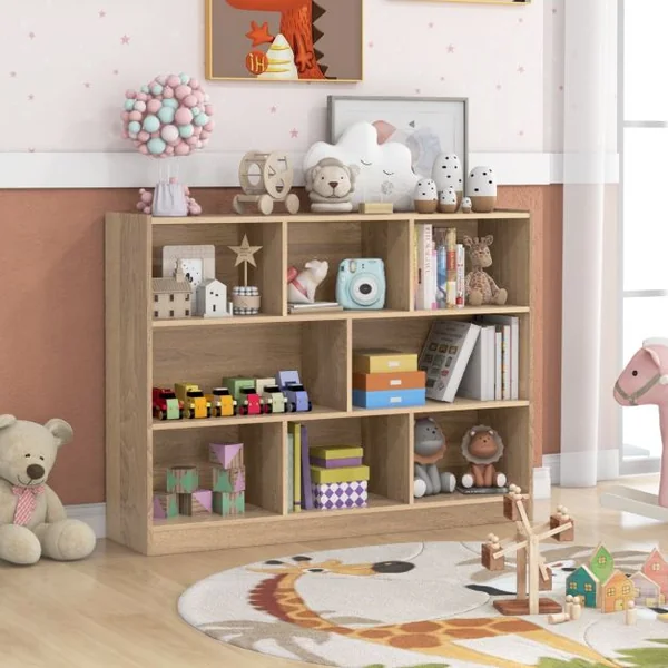 Bibliothèque Enfants à 3 Niveaux avec 8 Cases Étagère à Livres Enfant avec Espace de Rangement Charge 60kg 122 x 32 x 93 CM Naturel