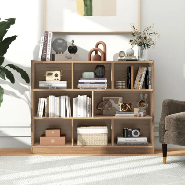 Bibliothèque Enfants à 3 Niveaux avec 8 Cases Étagère à Livres Enfant avec Espace de Rangement Charge 60kg 122 x 32 x 93 CM Naturel