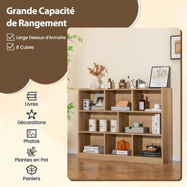 Bibliothèque Enfants à 3 Niveaux avec 8 Cases Étagère à Livres Enfant avec Espace de Rangement Charge 60kg 122 x 32 x 93 CM Naturel