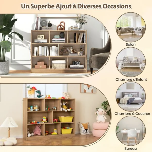 Bibliothèque Enfants à 3 Niveaux avec 8 Cases Étagère à Livres Enfant avec Espace de Rangement Charge 60kg 122 x 32 x 93 CM Naturel