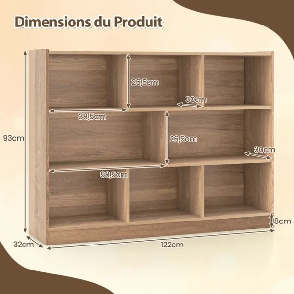 Bibliothèque Enfants à 3 Niveaux avec 8 Cases Étagère à Livres Enfant avec Espace de Rangement Charge 60kg 122 x 32 x 93 CM Naturel