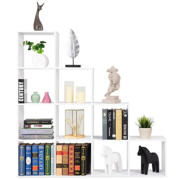 Bibliothèque Etagère Rangement Étagère de Livres en Forme Escalier 10 Compartiments pour Bureau Salon Chambre Blanc