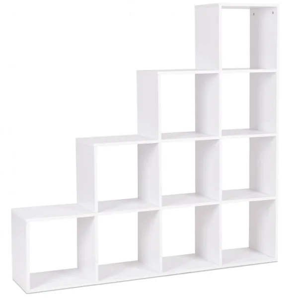 Bibliothèque Etagère Rangement Étagère de Livres en Forme Escalier 10 Compartiments pour Bureau Salon Chambre Blanc