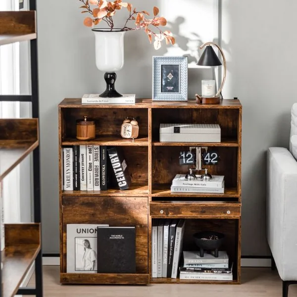 Bibliothèque Industrielle avec 6 Cases Étagères Réglables Meuble de Rangement avec Étagère Coulissante pour Magazines Livres Marron