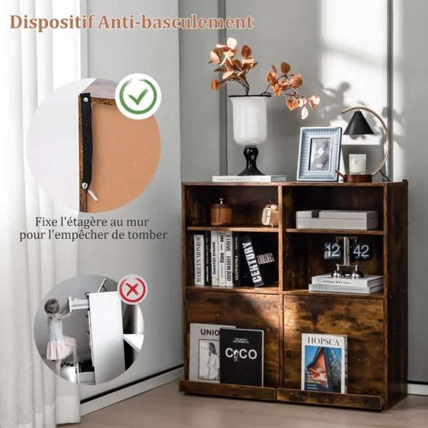 Bibliothèque Industrielle avec 6 Cases Étagères Réglables Meuble de Rangement avec Étagère Coulissante pour Magazines Livres Marron
