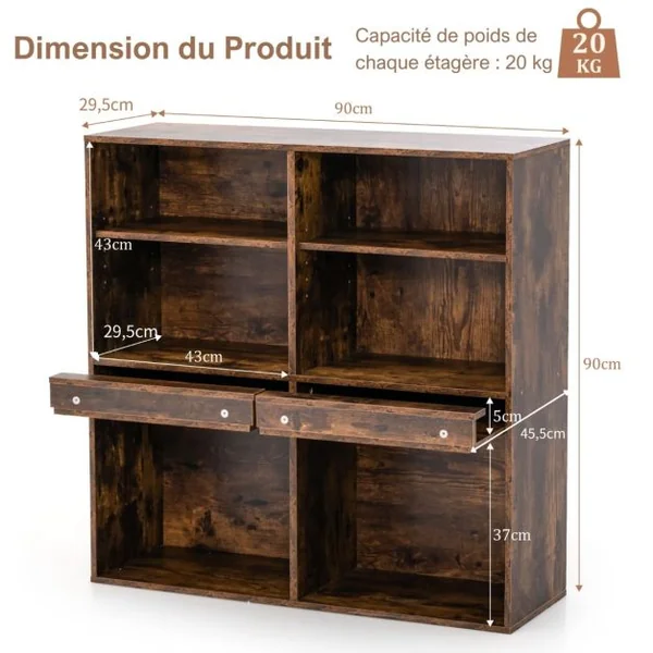 Bibliothèque Industrielle avec 6 Cases Étagères Réglables Meuble de Rangement avec Étagère Coulissante pour Magazines Livres Marron