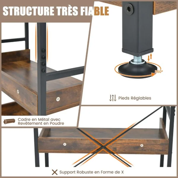 Bibliothèque Industrielle à 6 Niveaux avec 4 Crochets Étagère de Rangement avec Dispositif Anti-basculement Pieds Réglables Marron Rustique