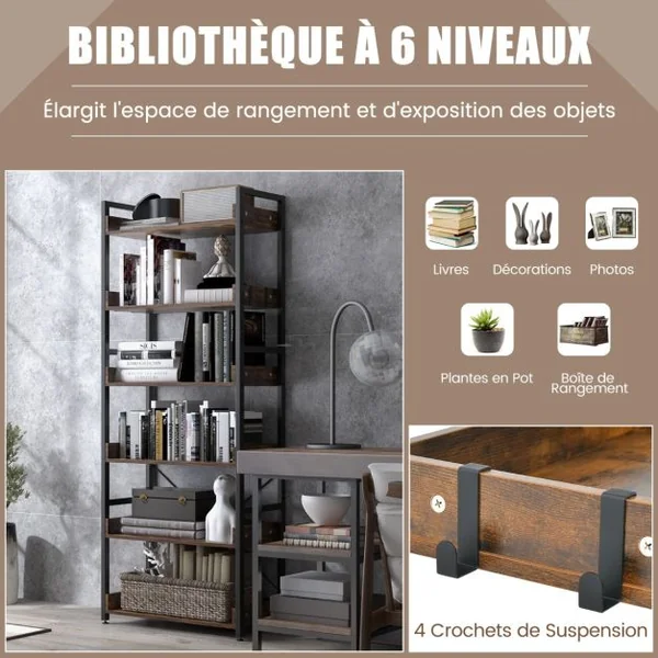 Bibliothèque Industrielle à 6 Niveaux avec 4 Crochets Étagère de Rangement avec Dispositif Anti-basculement Pieds Réglables Marron Rustique