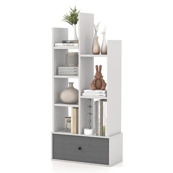 Bibliothèque Industrielle à 7 Niveaux avec Tiroir en Tissu Étagère de Rangement avec Dispositif Anti-basculement Blanc