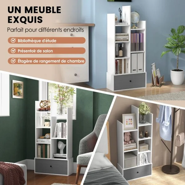 Bibliothèque Industrielle à 7 Niveaux avec Tiroir en Tissu Étagère de Rangement avec Dispositif Anti-basculement Blanc