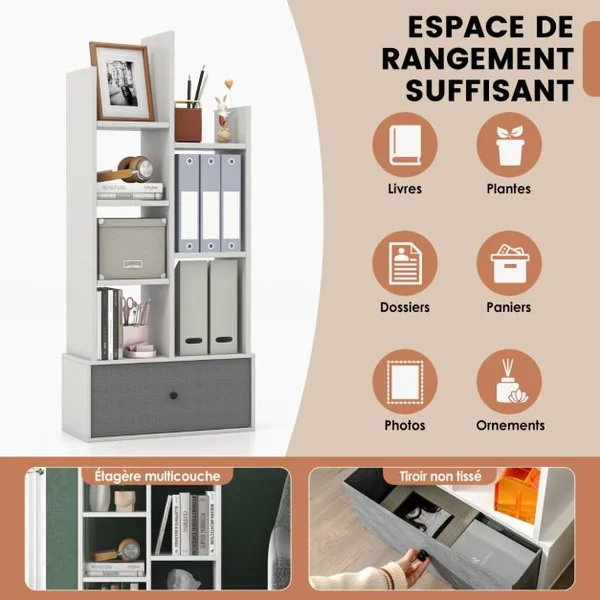 Bibliothèque Industrielle à 7 Niveaux avec Tiroir en Tissu Étagère de Rangement avec Dispositif Anti-basculement Blanc