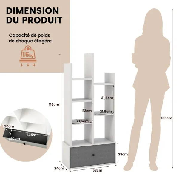 Bibliothèque Industrielle à 7 Niveaux avec Tiroir en Tissu Étagère de Rangement avec Dispositif Anti-basculement Blanc