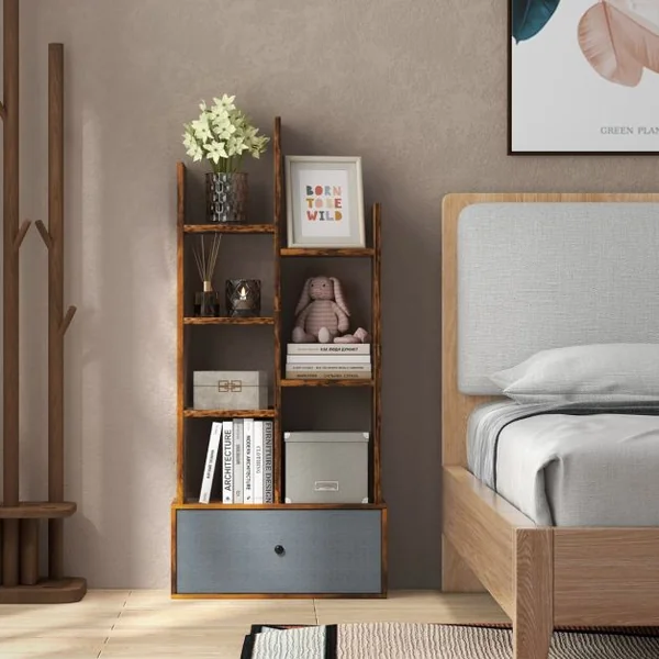 Bibliothèque Industrielle à 7 Niveaux avec Tiroir en Tissu Étagère de Rangement avec Dispositif Anti-basculement Marron