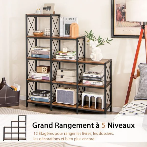 Bibliothèque Industrielle à 9 Compartiments Étagère de Rangement 5 Niveaux avec Cadre en Acier Dispositif Anti-basculement Marron Rustique