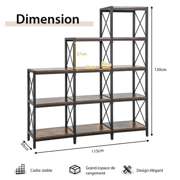 Bibliothèque Industrielle à 9 Compartiments Étagère de Rangement 5 Niveaux avec Cadre en Acier Dispositif Anti-basculement Marron Rustique