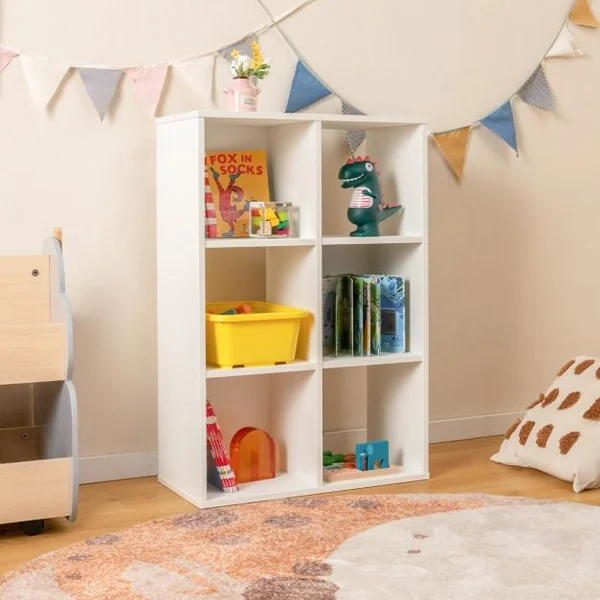 Bibliothèque Meuble de Rangement Cube avec 6 Casiers Ouverts Étagère 4 Niveaux avec Dispositif Anti-basculement Blanc