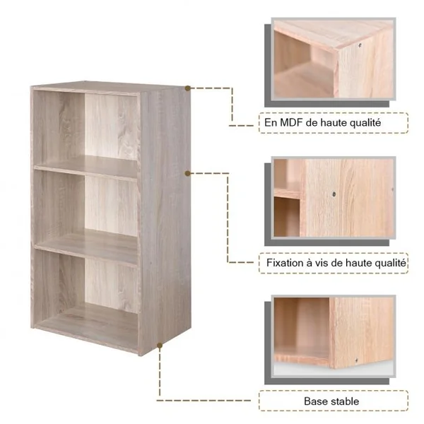Bibliothèque Ouverte Multi-niveaux Autoportante Meuble de Rangement pour Chambre Salon en MDF, 42,2x29,4x53,5cm, Chêne