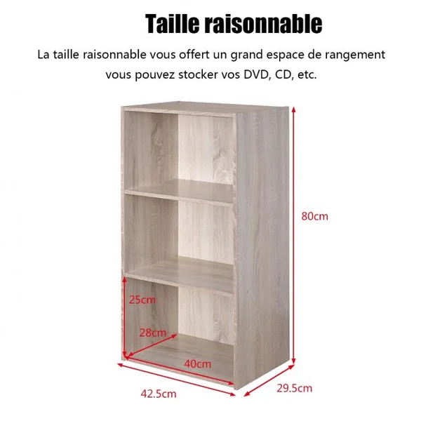 Bibliothèque Ouverte Multi-niveaux Autoportante Meuble de Rangement pour Chambre Salon en MDF, 42,2x29,4x53,5cm, Chêne
