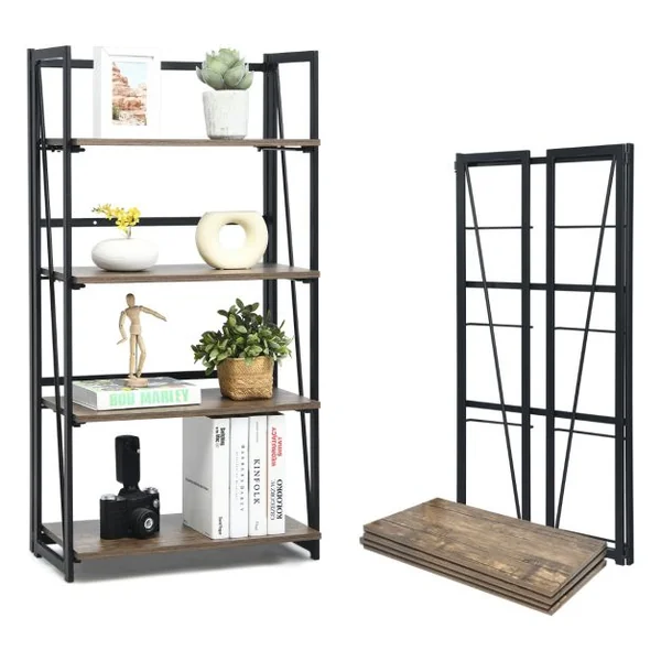 Bibliothèque Pliable à 4 Niveau avec Étagère Amovible Étagère de Rangement avec Kit Anti-basculement Style Industriel Brun rustique