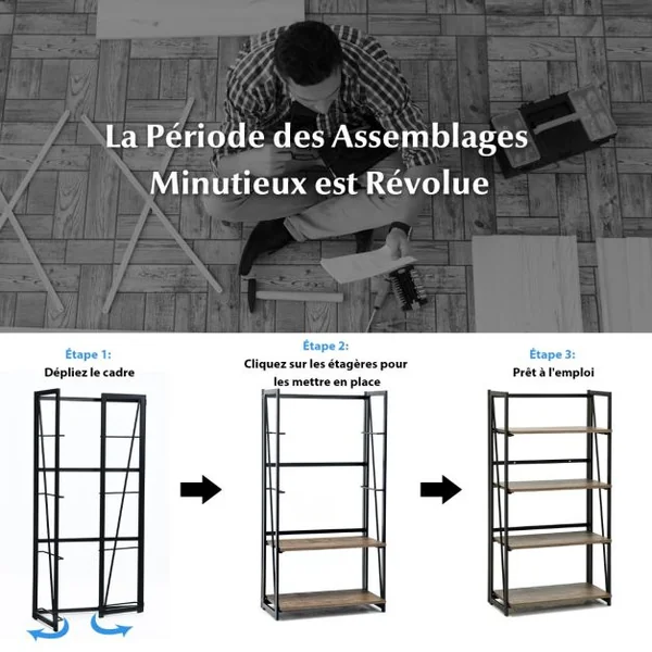 Bibliothèque Pliable à 4 Niveau avec Étagère Amovible Étagère de Rangement avec Kit Anti-basculement Style Industriel Brun rustique