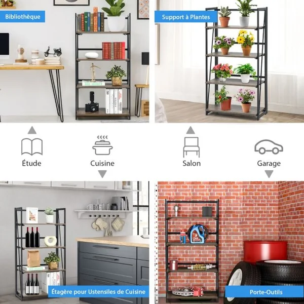 Bibliothèque Pliable à 4 Niveau avec Étagère Amovible Étagère de Rangement avec Kit Anti-basculement Style Industriel Brun rustique