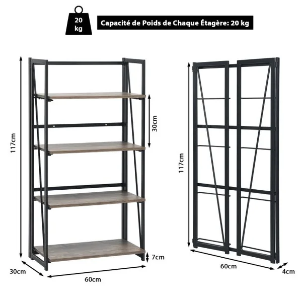 Bibliothèque Pliable à 4 Niveau avec Étagère Amovible Étagère de Rangement avec Kit Anti-basculement Style Industriel Brun rustique