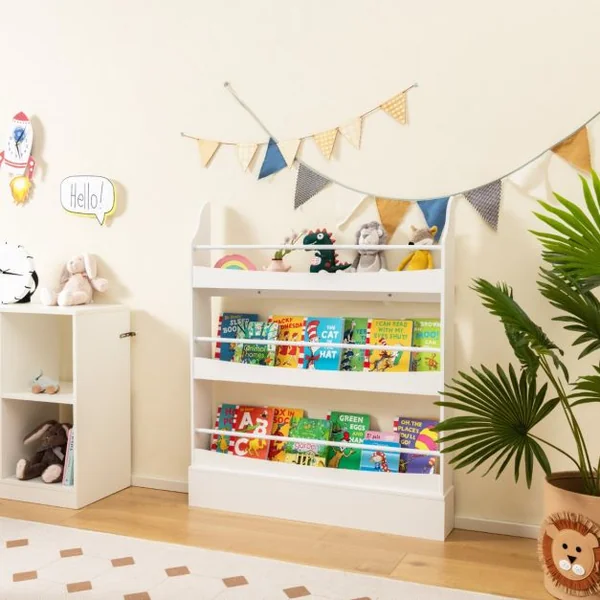 Bibliothèque pour Enfant à 3 Niveaux Anti- Basculement Étagère pour Jouets/ Livres L98 x P14 x H114 cm Blanc