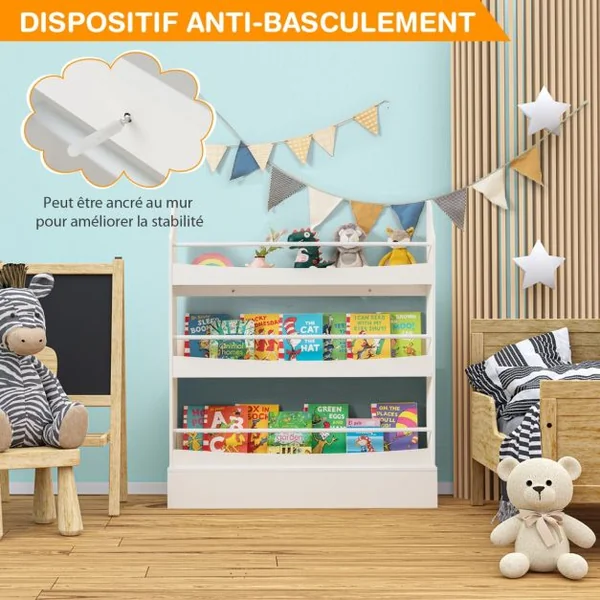 Bibliothèque pour Enfant à 3 Niveaux Anti- Basculement Étagère pour Jouets/ Livres L98 x P14 x H114 cm Blanc