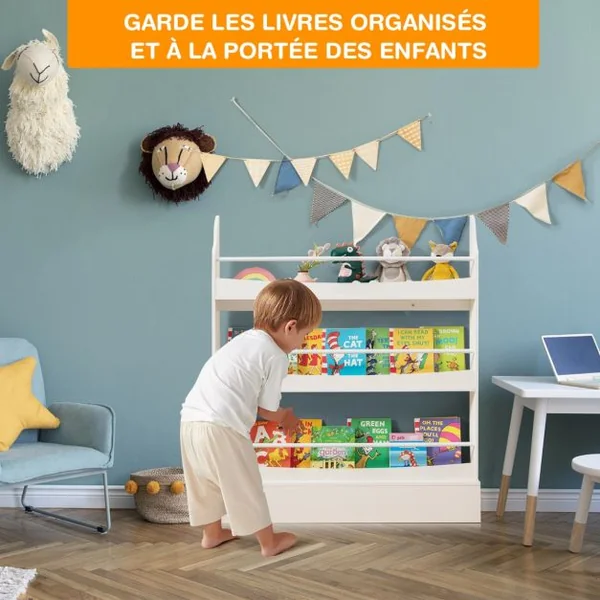 Bibliothèque pour Enfant à 3 Niveaux Anti- Basculement Étagère pour Jouets/ Livres L98 x P14 x H114 cm Blanc