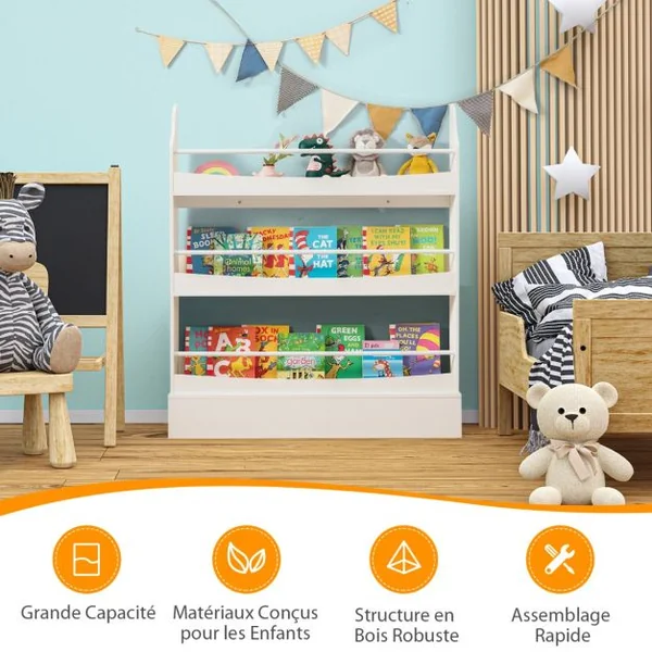 Bibliothèque pour Enfant à 3 Niveaux Anti- Basculement Étagère pour Jouets/ Livres L98 x P14 x H114 cm Blanc
