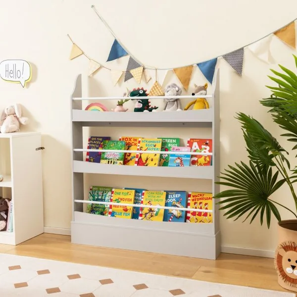 Bibliothèque pour Enfant à 3 Niveaux Anti- Basculement Étagère pour Jouets/ Livres L98 x P14 x H114 cm Gris